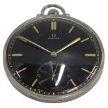 A mid-20thC Omega Art Deco open faced pocket watch, the 4cm diameter blackened dial with baton