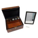 A 19thC walnut cased travel box, of rectangular form, the hinged lid with a vacant mother-of-pearl