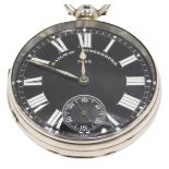 A Victorian silver cased railway timekeeper open faced pocket watch, the 6cm diameter Roman