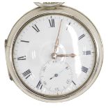 A George III silver pair cased open faced pocket watch, the 5cm diameter Roman numeric dial with a