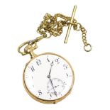 An early 20thC pocket watch, with a white enamel Roman numeric dial, blue hands and seconds dial, in