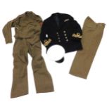 Various militaria, military uniforms, Royal Navy uniform and peaked cap, with raised badge, army