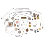 Various medallions, jewellery, coins, mounted coins, necklaces, cased penny in pendant mount, 5cm