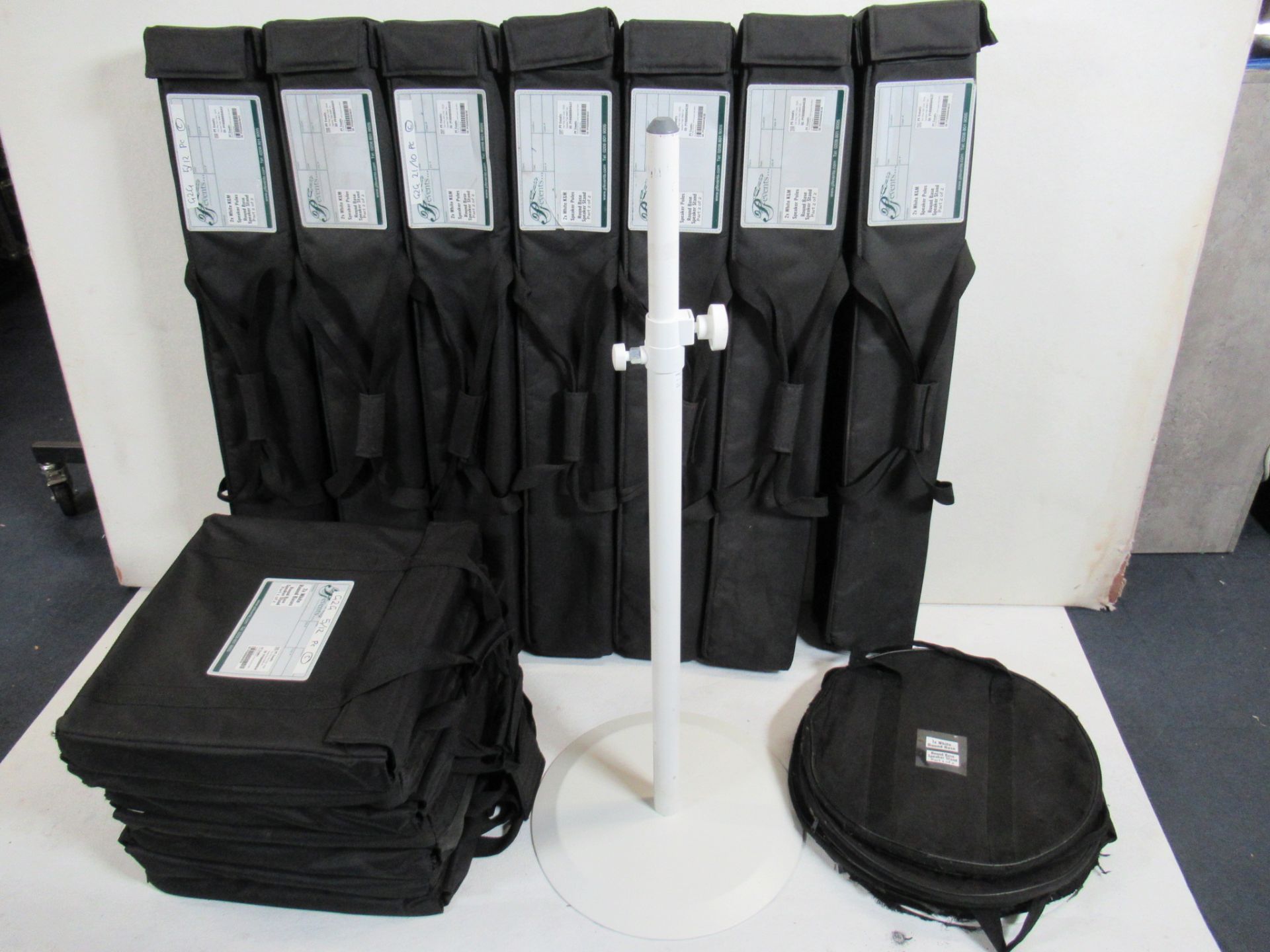 (12) K&M white round base speaker stands in soft bags