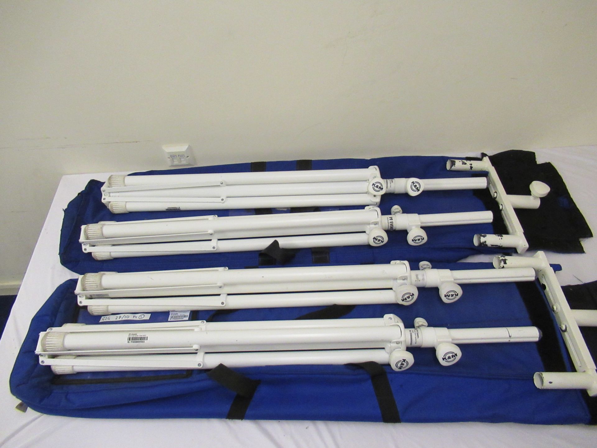 (4) K&M white telescopic tripod speaker stands with Soft bags