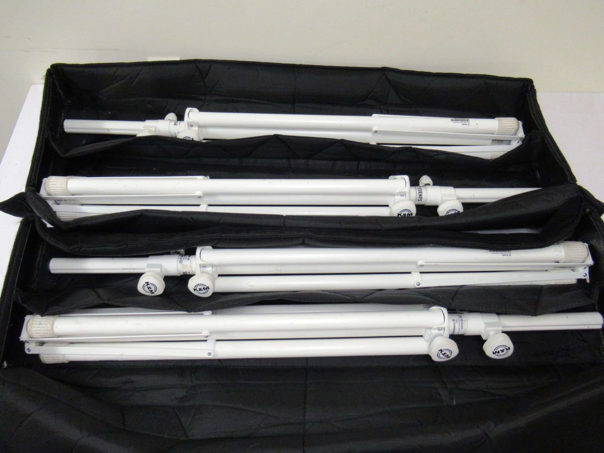 (4) K&M white telescopic tripod speaker stands with Soft bags