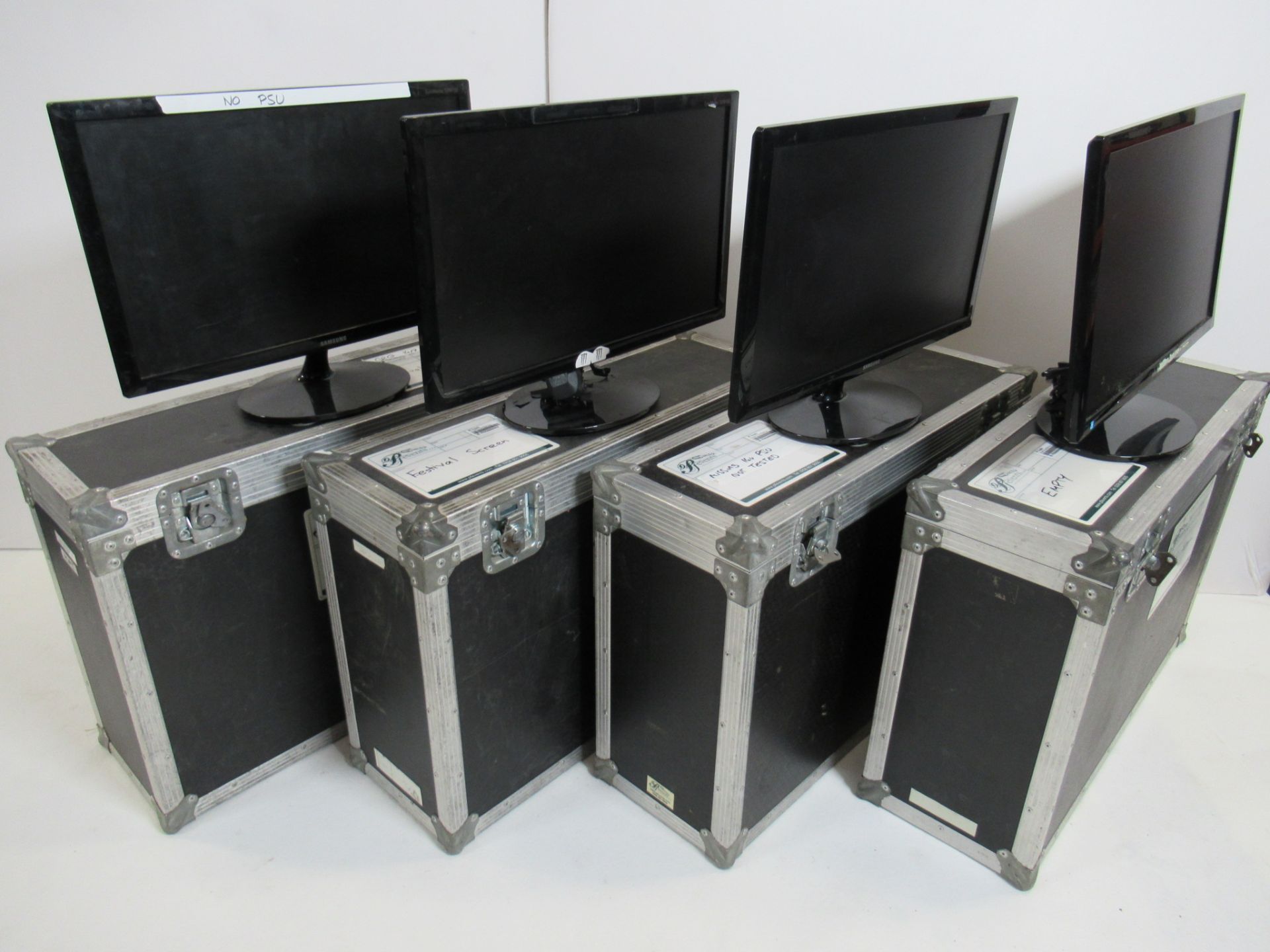 (4) Samsung LS24B150BL 24" LED monitors, with flight cases