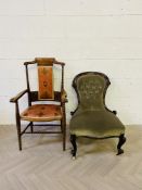 Two items to include an unusual carved walnut upholstered elbow chair