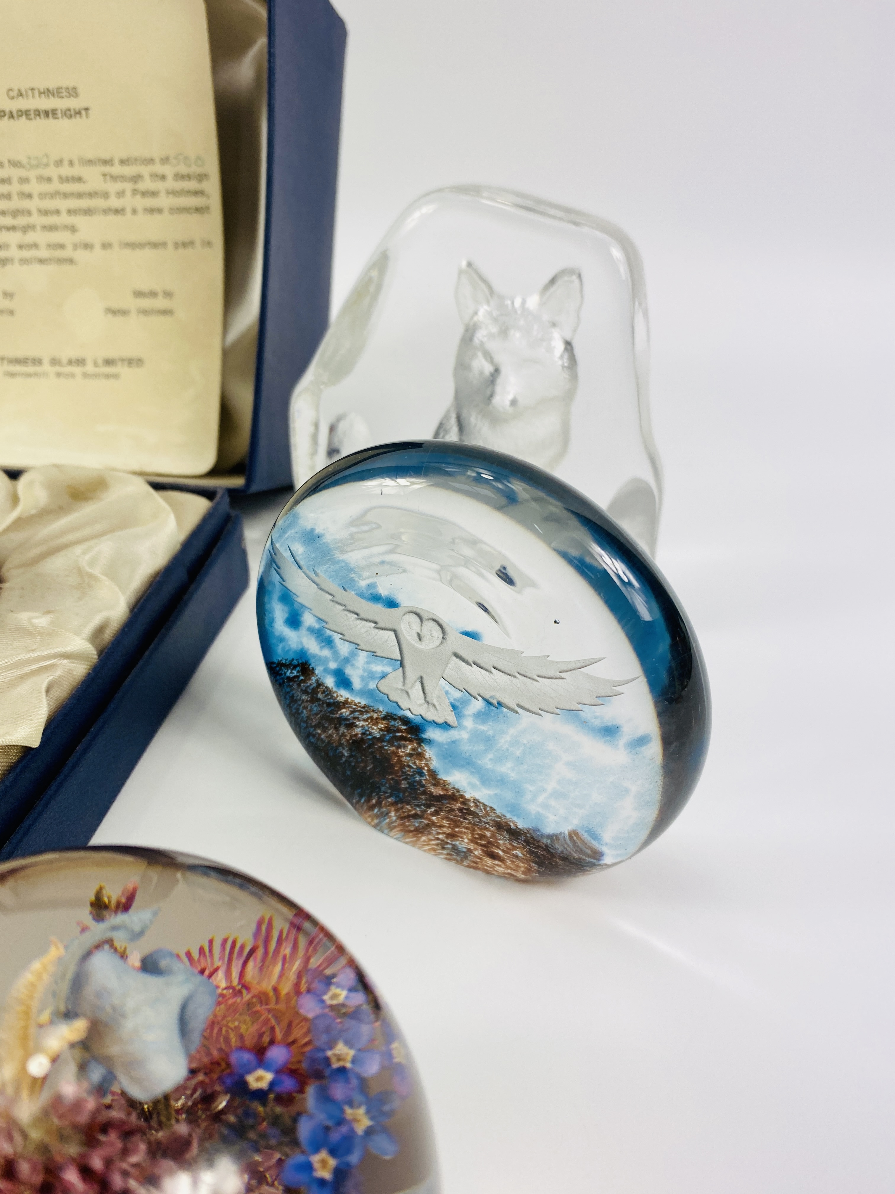 A collection of six art glass paperweights and one lucite paperweight ...