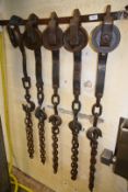 5 x Chain Pulley Hoists with Wall Mounted Bar Holder - Dimensions: Approx 190cm Total Hoist Length