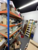 1 x Contents of a Janitorial Storage Room Including a Large Metal Prop, Storage Rack, Ladders, Mops