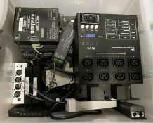 2 x Boxes of Assorted Studio Lights and Lighting Controllers Including a QTX DP4 DMX Dimmer Pack