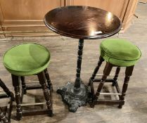 1 x Ornate Cast Iron Traditional Pub Table Featuring a Mahogany Top and a Pair of Seating Stools