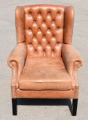 1 x Chesterfield Style Wingback Armchair Upholstered in Tan Leather