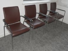 4 x Modern Chrome Office Chairs Featuring a Chocolate Brown Upholstery, Wrapped Armrests
