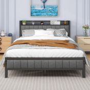 RRP £171.49 MOFLUT Double Bed Frame with Wooden Storage Headboard Shelf