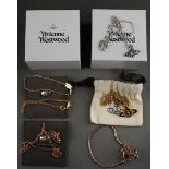 Seven pieces of Vivienne Westwood costume jewellery, comprising a gold plated charm bracelet with