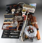 Two boxes of hand tools, scientific measures, rolled Ordnance Survey maps, a small quantity of