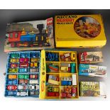A box of die cast vehicles and toys including Matchbox, Hot Wheels, Lego, Meccano and boxed friction