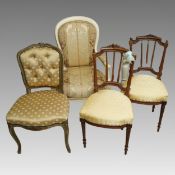 Four various chairs to include: a pair of 19th Century walnut side chairs, upholstered seats on