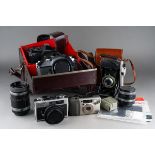 A collection of cameras to include: Pentax P30N with miscellaneous accessories including Tamron lens