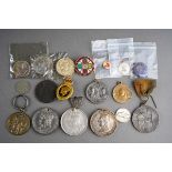 Collection of medallions and badges to include 1919 peace celebration medal, commemorative