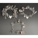 Three silver charm bracelets, two with heart padlocks, with varying amounts of charms attached,