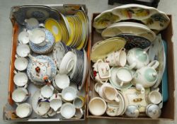 Two boxes of assorted tea and coffee wares, etc, including an Art Deco Sutherland china tea for
