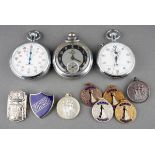 An Omega chrome cased chrome cased pocket watch and stop watch, not in working order, together