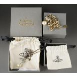 Two boxed items of Vivienne Westwood crystal encrusted chick on a pearl bead costume jewellery,