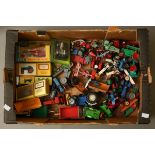 A box of assorted tractors, road rollers by makers such as Dinky, Lesney, Marlow, Corgi,