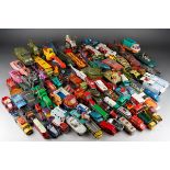 Two boxes of play worn Corgi, Dinky, Matchbox, Lledo and other toy and promotional vehicles