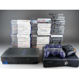 Three boxes of PlayStation and PlayStation 2 games, console and other gaming accessories,