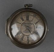 A Georgian Irish white metal pair cased pocket watch, white metal dial with worn black champleve