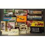 A box of assorted vehicle model including one boxed and unboxed Aqua Car, Dinky articulated