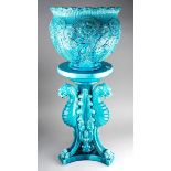 A Victorian Burmantofts Faience 1947 B turquoise glazed Jardinière on stand, the bowl moulded in