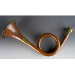 Copper and brass hunting horn of scrolled form, unnamed, approx length 18 cm