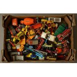 Box of assorted tractors, construction vehicles, trailers, dumper trucks, to include a Dinky Bedford