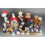 Six vintage Robertson Jam band members, two Robertson jam bottles and cover within wicker holder