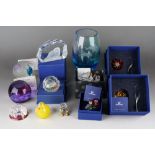 A box of Swarovski and Caithness glass paperweights and ornaments, etc, some boxed, including a