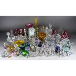 Two boxes of glassware, including paperweights, coloured studio glass, circular glass dish with