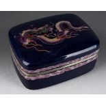 A Chinese enamel navy cushion shaped box and cover, the cover with Cloisonne Dragon, cloud banding