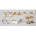 An assortment and gem set and diamond yellow and white metal earrings. To include a pair of