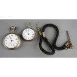 A late 19th century Continental white metal cased ladies fob watch with white enamel dial, the