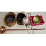 Assorted brass and copperware to include early 20th century scale weights, a preserve pan, a clothes