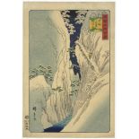 Hiroshige II, 33. Snow on the Kiso Gorge, Shinshu Province