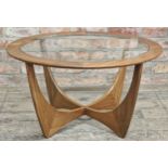 G Plan - Mid century teak Astro coffee table with glass top, H 46cm x W 84cm