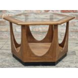 G Plan - Mid century hexagonal coffee table with inset glass top, H 42cm x W 73cm x D 63cm
