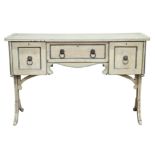 Antique painted console table with single cutlery drawer and twin cupboard doors, raised on swept