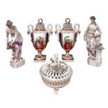 A group of continental porcelain to include a pair of hand decorated twin-handled urns with